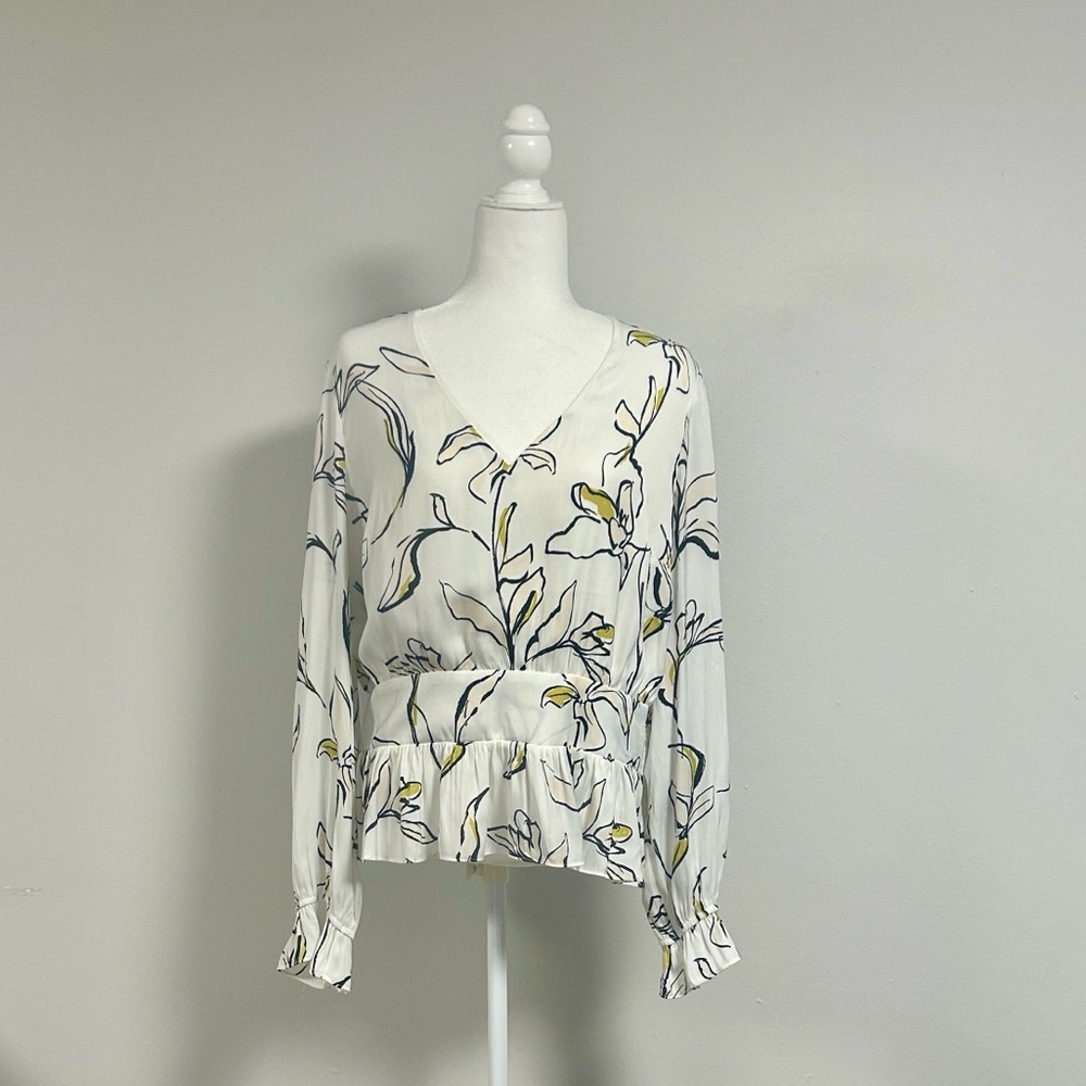 Bar III Floral Smocked-Waist Top | Size XL | White Yellow Black | NWT